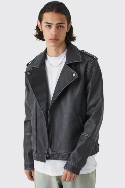 boohooMAN Regular Fit Washed Pu Biker | UK| Coats & Jackets