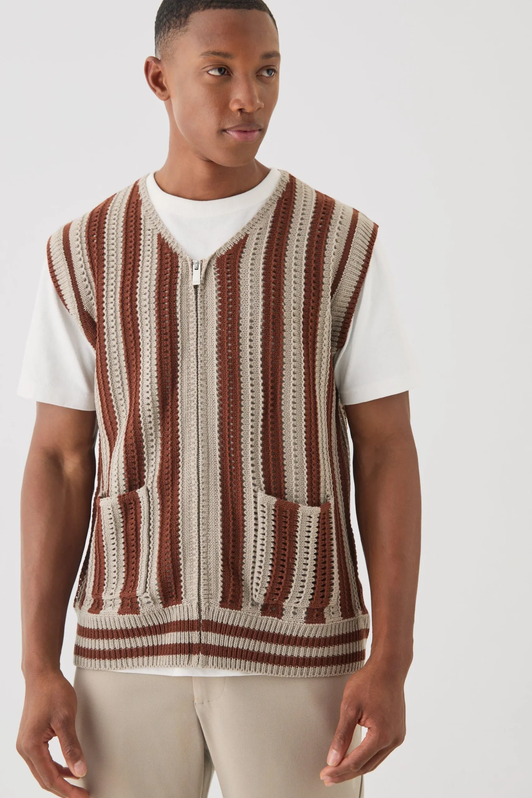 boohooMAN Regular Fit Zip Through Open Knit Stripe Gilet | UK| Coats & Jackets