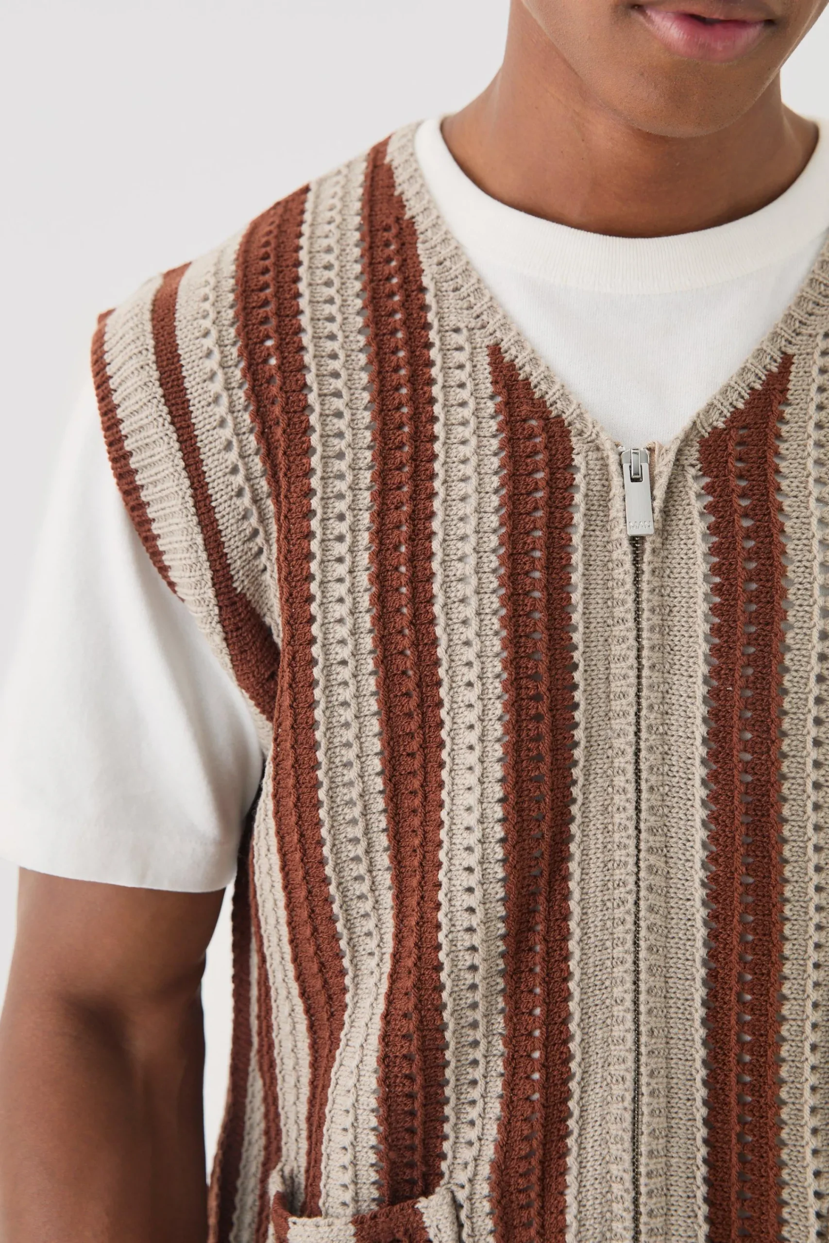 boohooMAN Regular Fit Zip Through Open Knit Stripe Gilet | UK| Coats & Jackets
