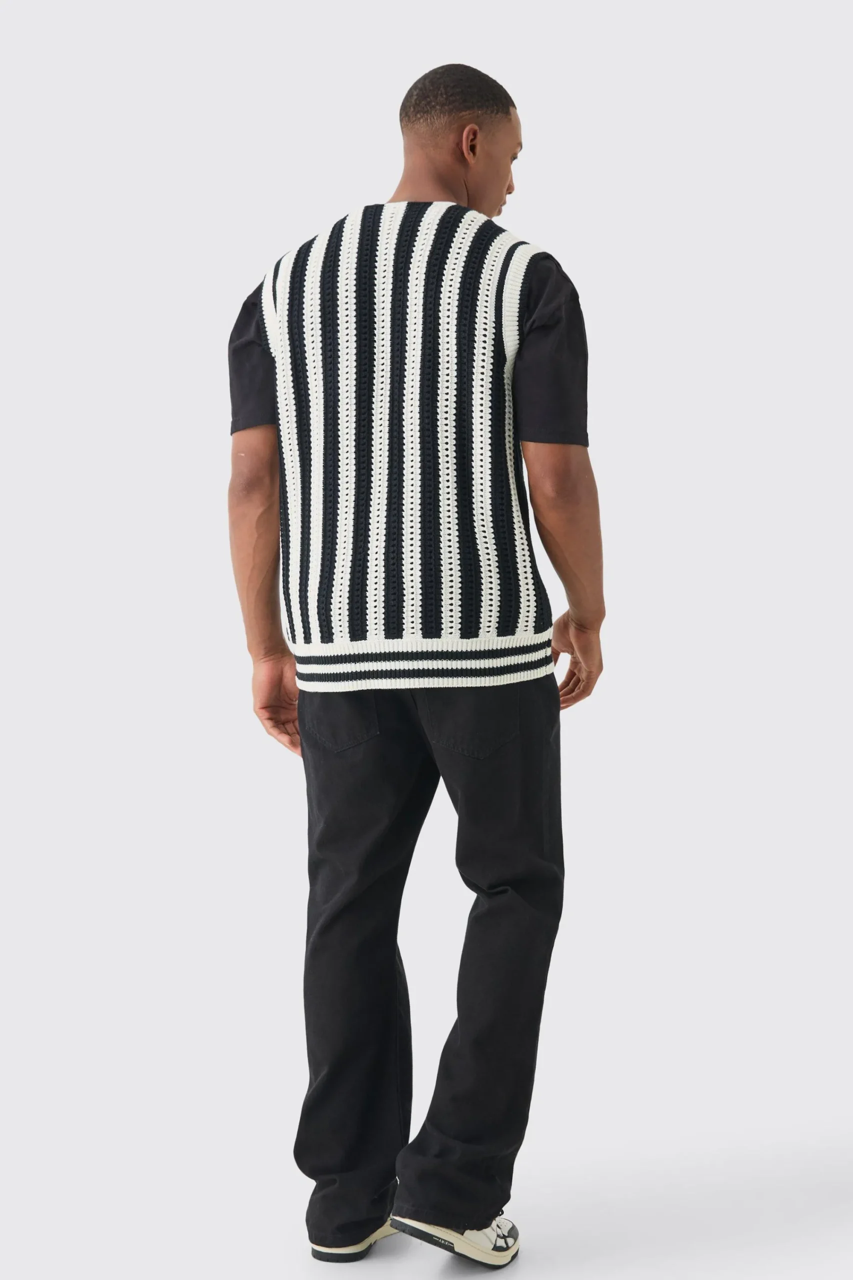 Regular Fit Zip Through Open Knit Stripe Gilet | UK^boohooMAN Clearance