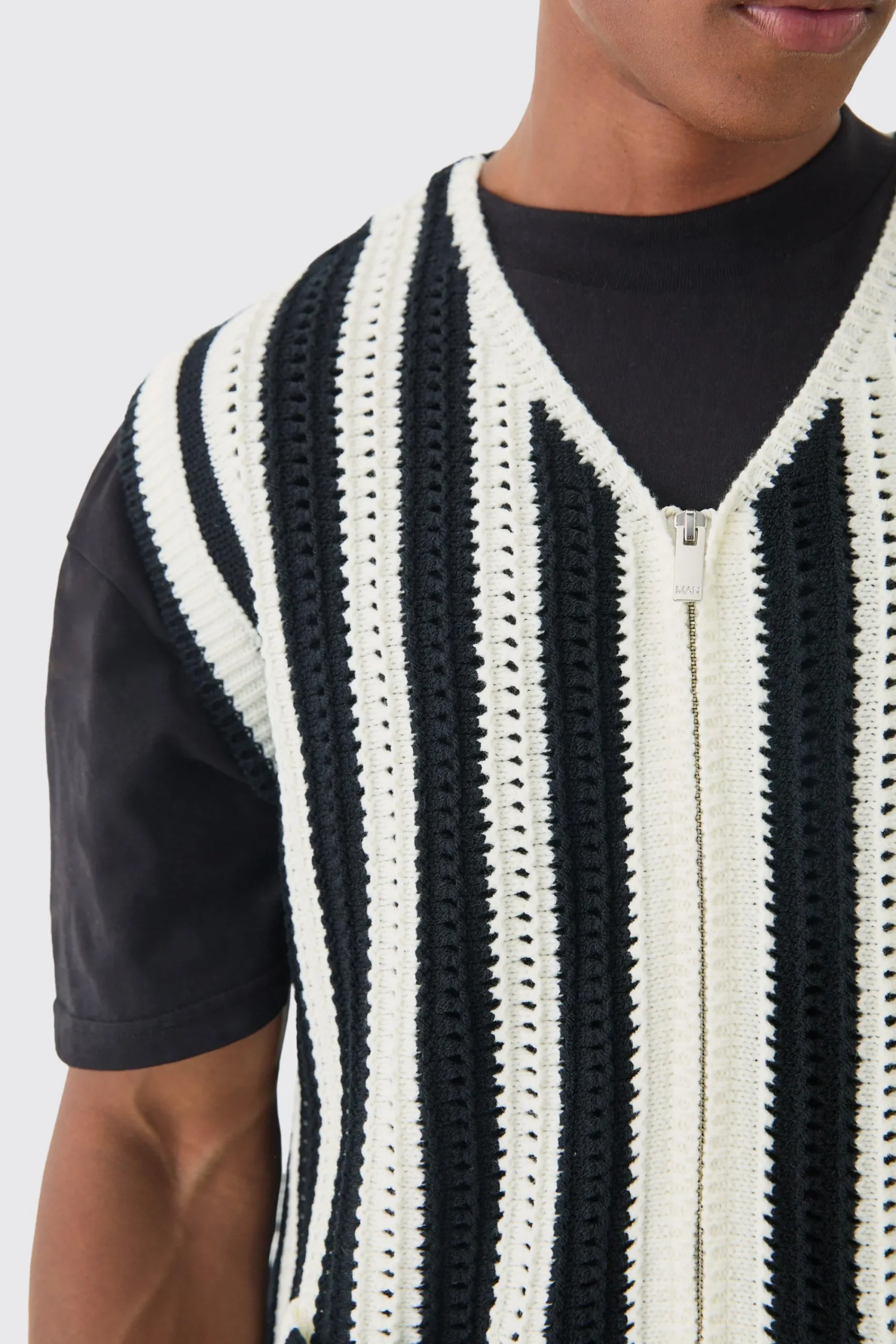 Regular Fit Zip Through Open Knit Stripe Gilet | UK^boohooMAN Clearance