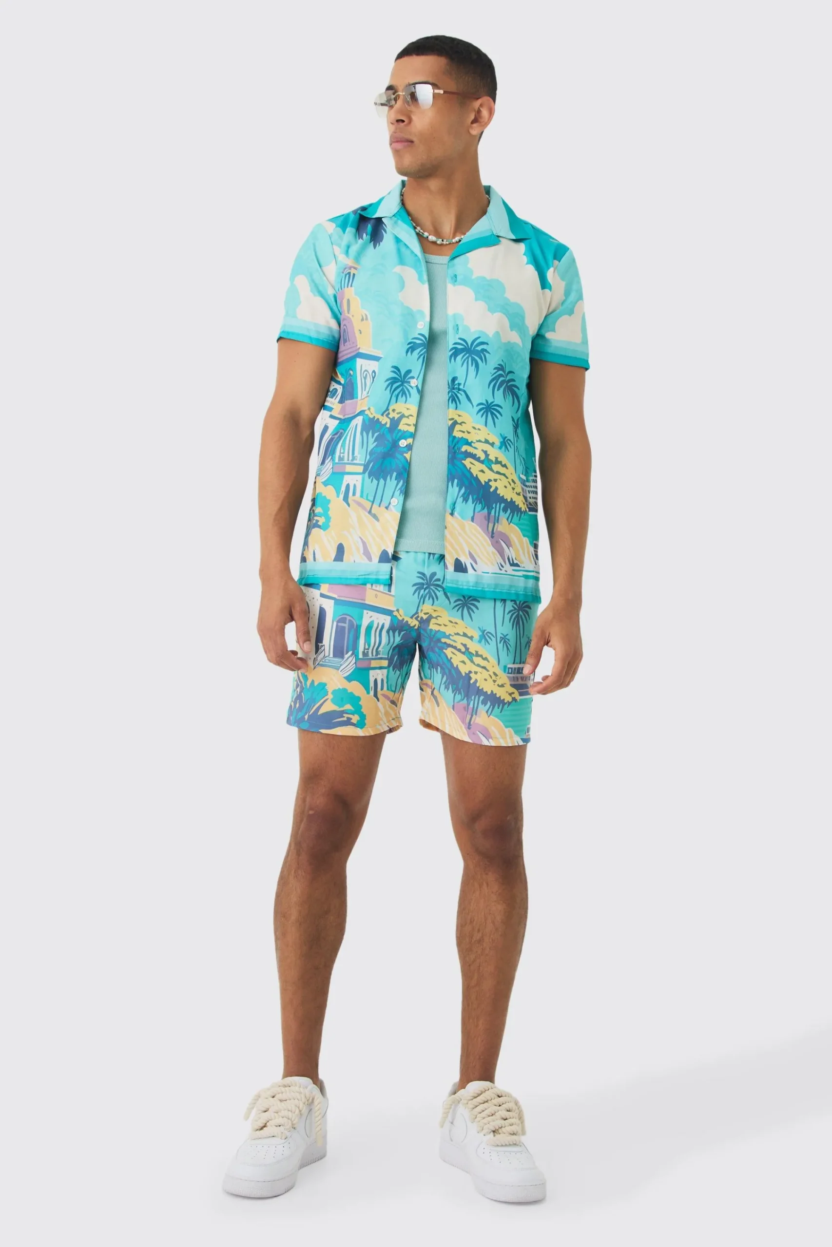 boohooMAN Regular Landscape Shirt & Swim Short Set | UK| Sets & Co-Ords