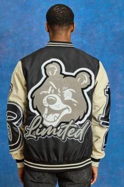 boohooMAN Regular Nylon And PU Teddy Badge Varsity | UK| Coats & Jackets