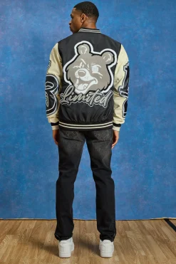 boohooMAN Regular Nylon And PU Teddy Badge Varsity | UK| Coats & Jackets