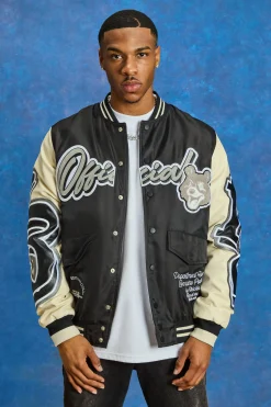 boohooMAN Regular Nylon And PU Teddy Badge Varsity | UK| Coats & Jackets