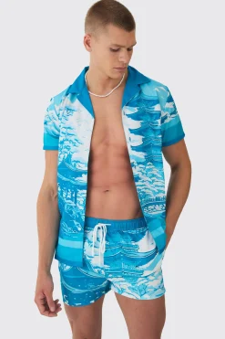 boohooMAN Regular Printed Shirt & Swim Short Set | UK| Sets & Co-Ords