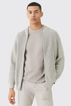 boohooMAN Regular Ribbed Fisherman Knit Bomber | UK| Knitwear|Coats & Jackets