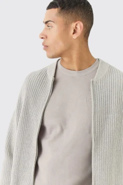 boohooMAN Regular Ribbed Fisherman Knit Bomber | UK| Knitwear|Coats & Jackets