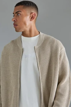 boohooMAN Regular Ribbed Fisherman Knit Bomber | UK| Knitwear|Coats & Jackets