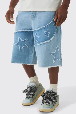 boohooMAN Regular Rigid Star Applique Denim Jorts In Ice Blue | UK| Shorts