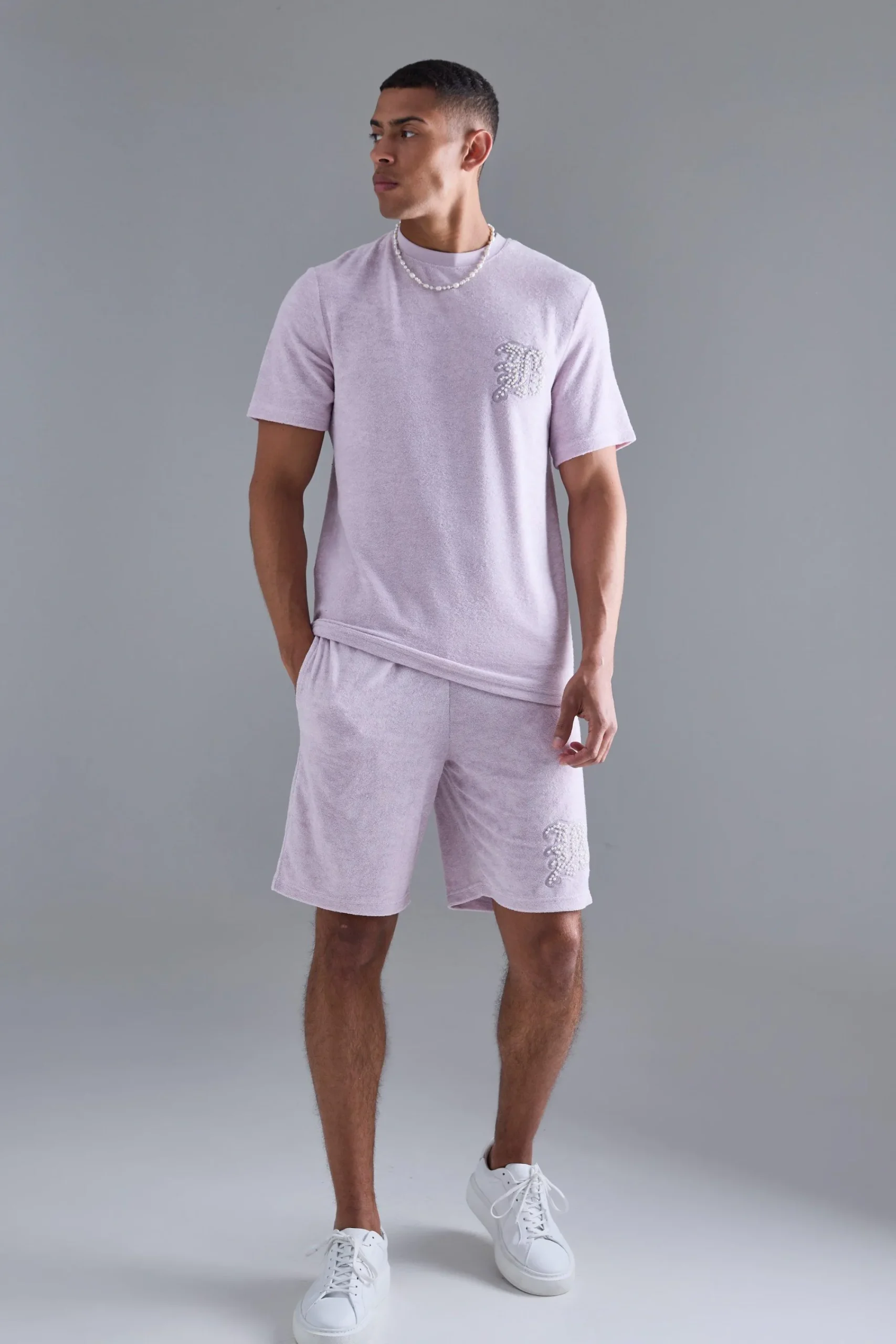 boohooMAN Regular Towelling Pearl Embroidered T-shirt And Short Set | UK| Tracksuits