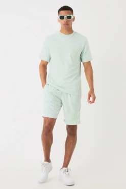 boohooMAN Regular Towelling Pearl Embroidered T-shirt And Short Set | UK| Tracksuits