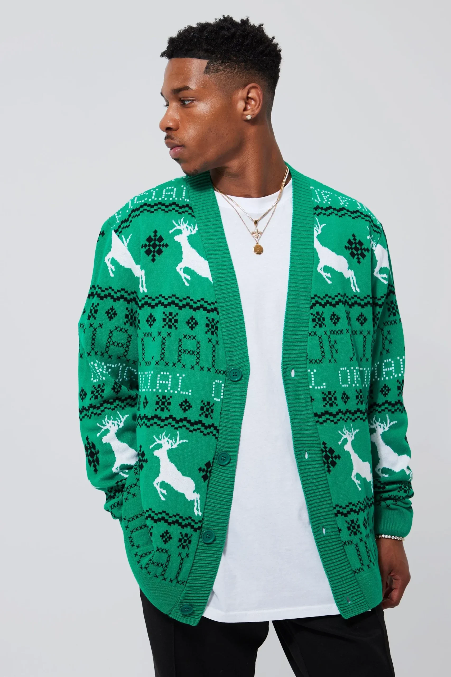 boohooMAN Reindeer Fairisle Christmas Cardigan | UK| Knitwear