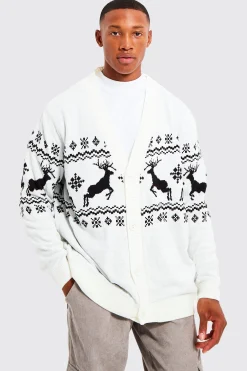 boohooMAN Reindeer Fairisle Christmas Cardigan | UK| Knitwear