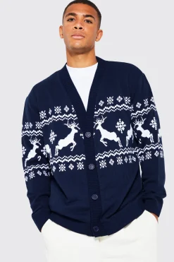 boohooMAN Reindeer Fairisle Christmas Cardigan | UK| Knitwear