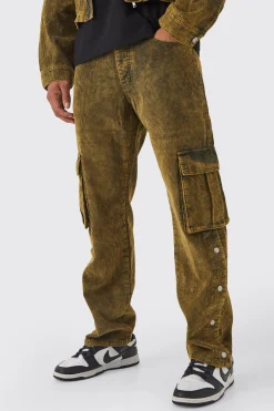 boohooMAN Relaxed Acid Wash Corduroy Cargo Popper Hem Trouser | UK| Trousers
