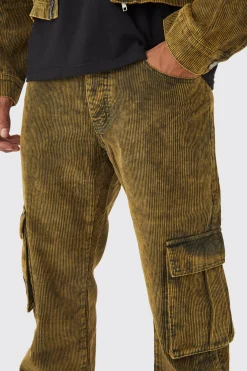 boohooMAN Relaxed Acid Wash Corduroy Cargo Popper Hem Trouser | UK| Trousers