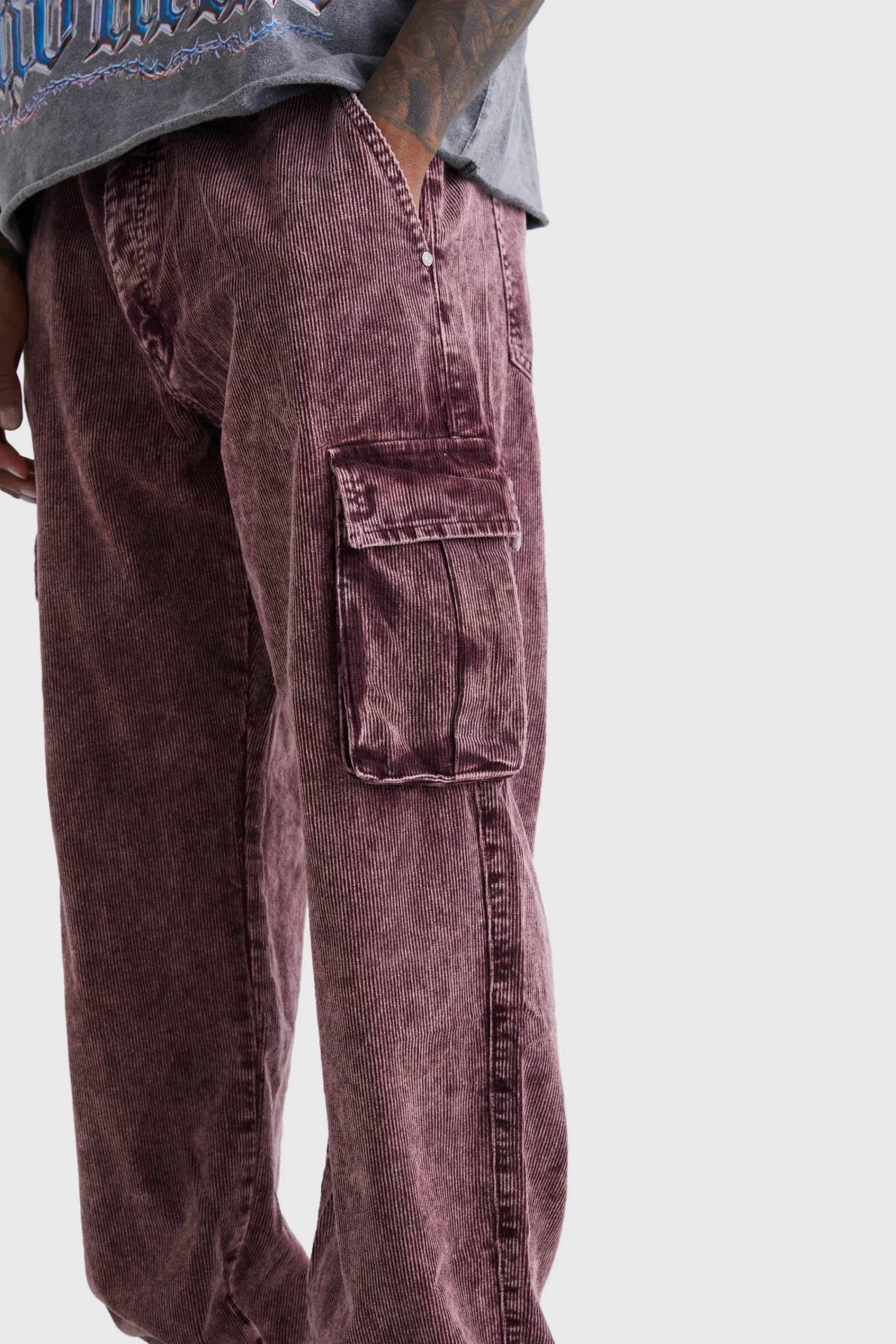 boohooMAN Relaxed Acid Wash Corduroy Cargo Trouser | UK| Trousers
