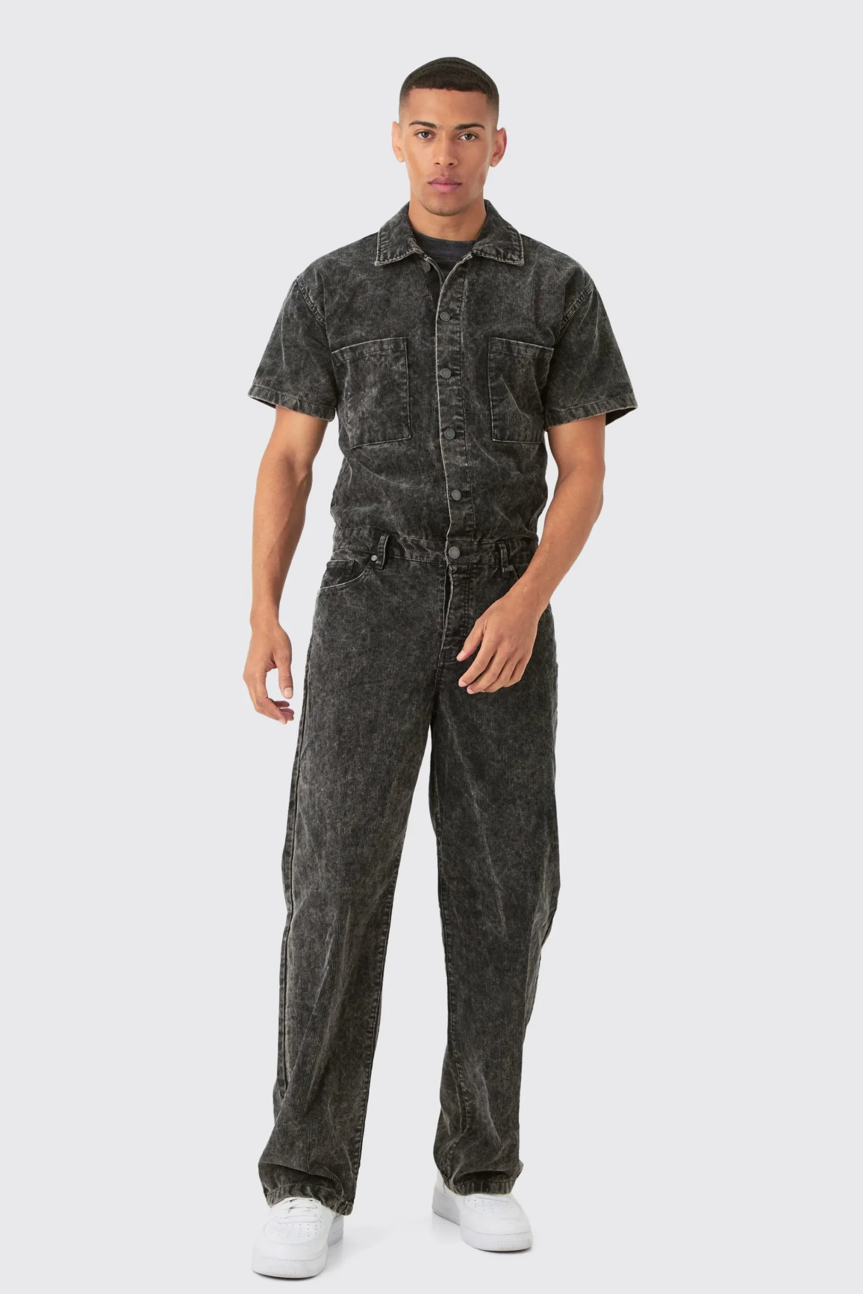 boohooMAN Relaxed Acid Wash Corduroy Boilersuit In | UK| Jeans