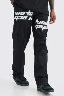 boohooMAN Relaxed Cargo Spliced Text Print Trouser | UK| Trousers|Cargos