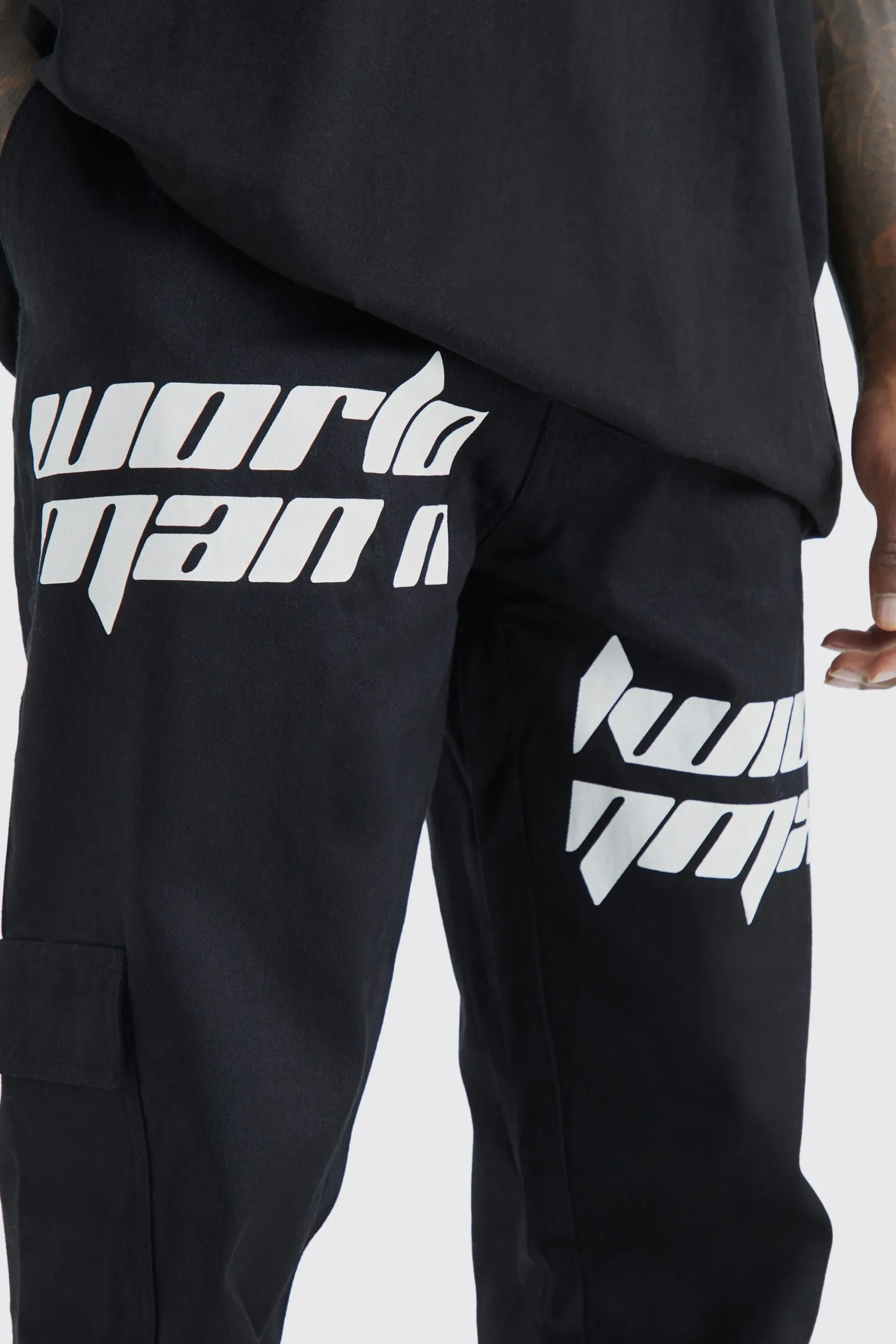 boohooMAN Relaxed Cargo Spliced Text Print Trouser | UK| Trousers|Cargos