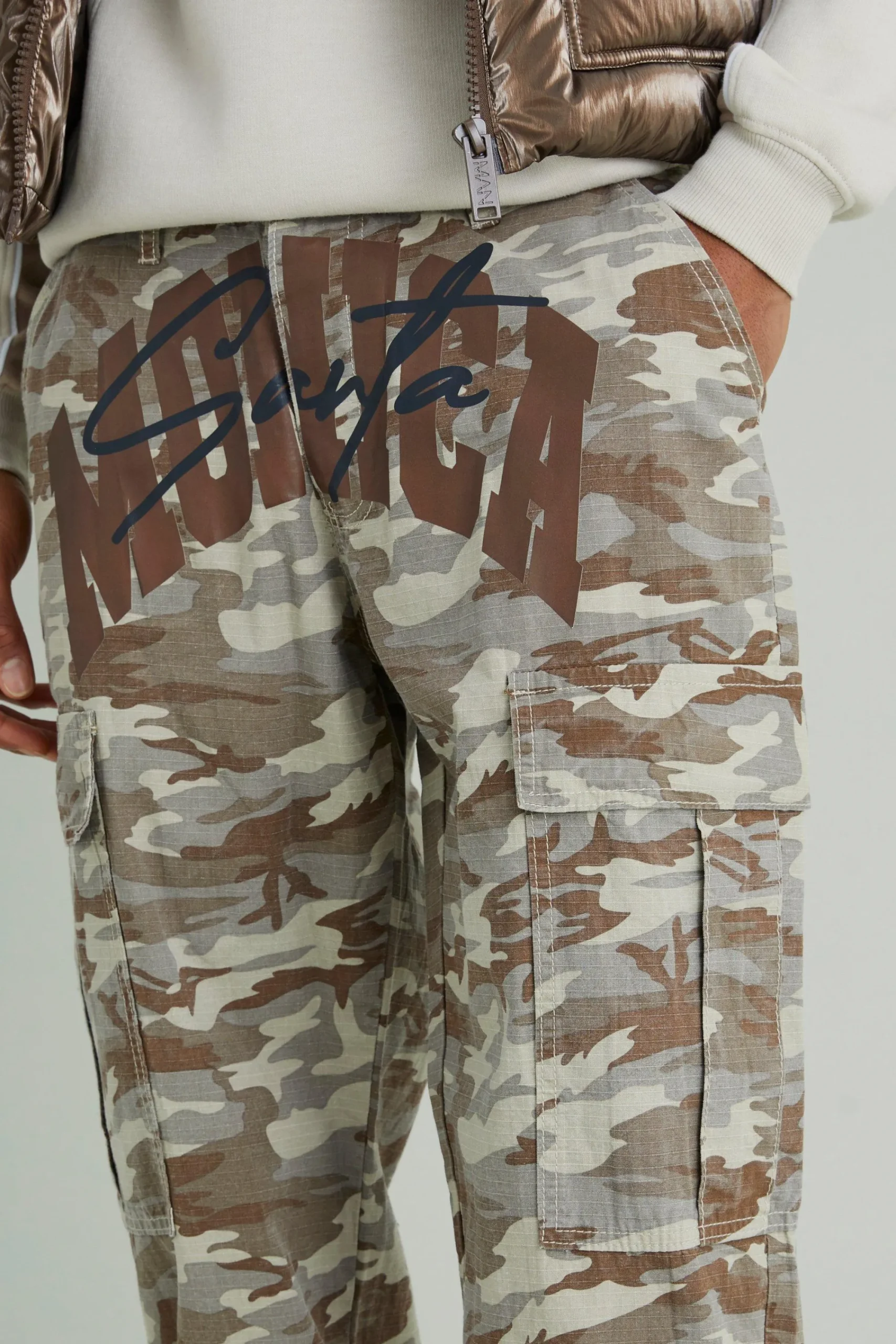 boohooMAN Relaxed Cargo Varsity Slogan Print Camo Trouser | UK| Trousers