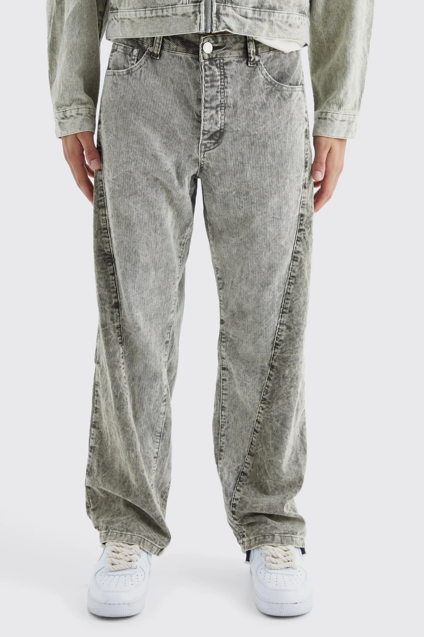 boohooMAN Relaxed Colour Block Acid Wash Cord Trouser | UK| Trousers