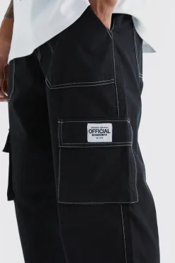 boohooMAN Relaxed Contrast Stitch Cargo Trouser With Woven Tab | UK| Trousers|Cargos