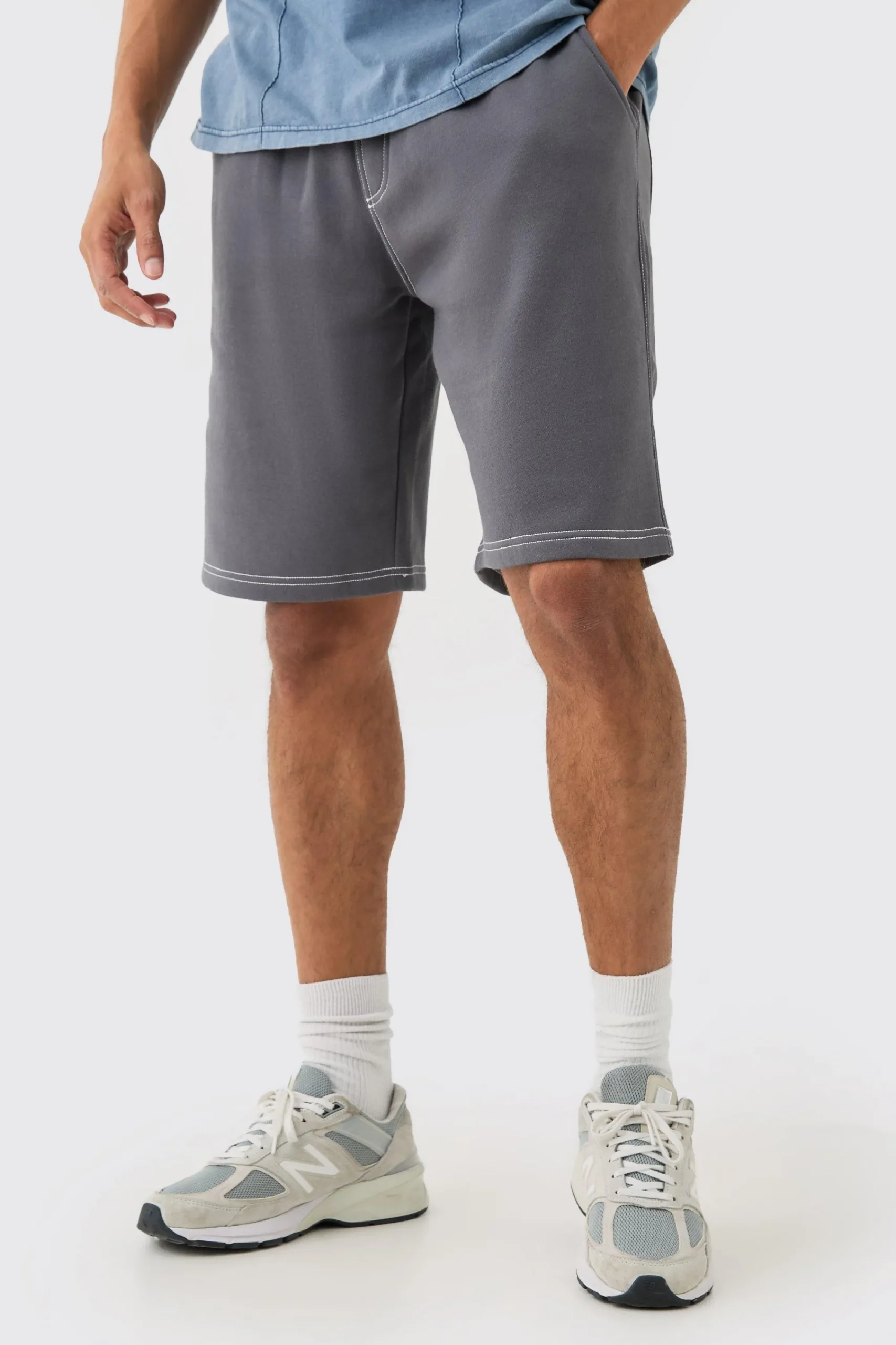 boohooMAN Relaxed Contrast Stitch Long Length Shorts | UK| Shorts