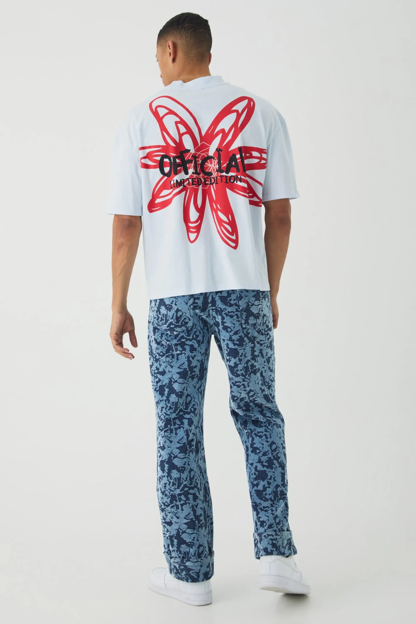 boohooMAN Relaxed Fit Abstract Flock Turn Up Hem Jeans | UK| Jeans