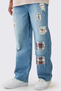 boohooMAN Relaxed Fit Rip & Repair Check Patchwork Jeans | UK| Trousers|Jeans