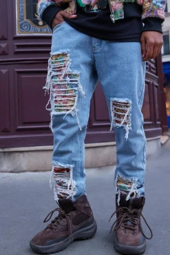 boohooMAN Relaxed Fit Tapestry Rip & Repair Jeans | UK| Jeans