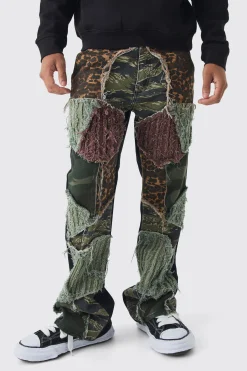 boohooMAN Relaxed Flare Distressed Camo Patchwork Twill Trousers | UK| Trousers|Jeans
