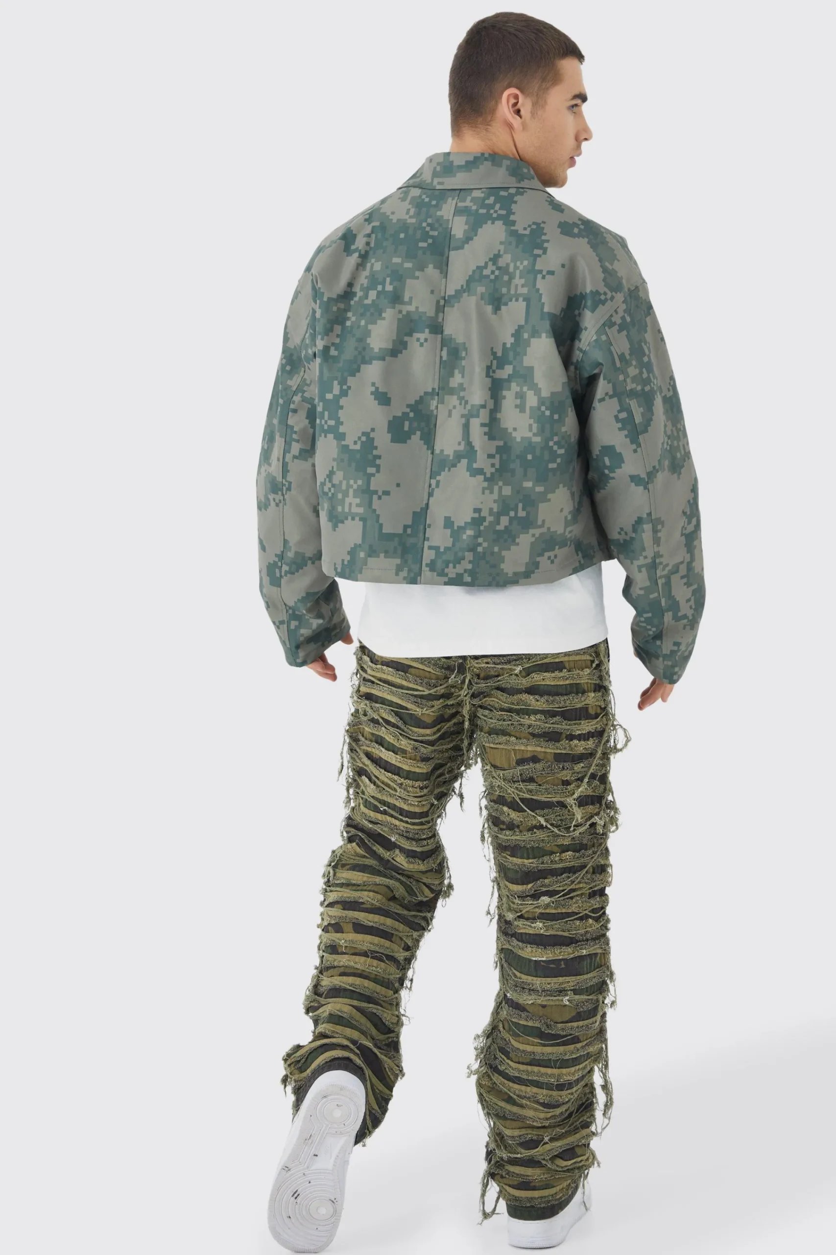 boohooMAN Relaxed Heavily Distressed Camo Trouser | UK| Trousers|Cargos