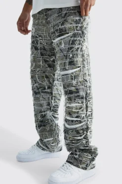 boohooMAN Relaxed Heavily Distressed Camo Trouser | UK| Trousers