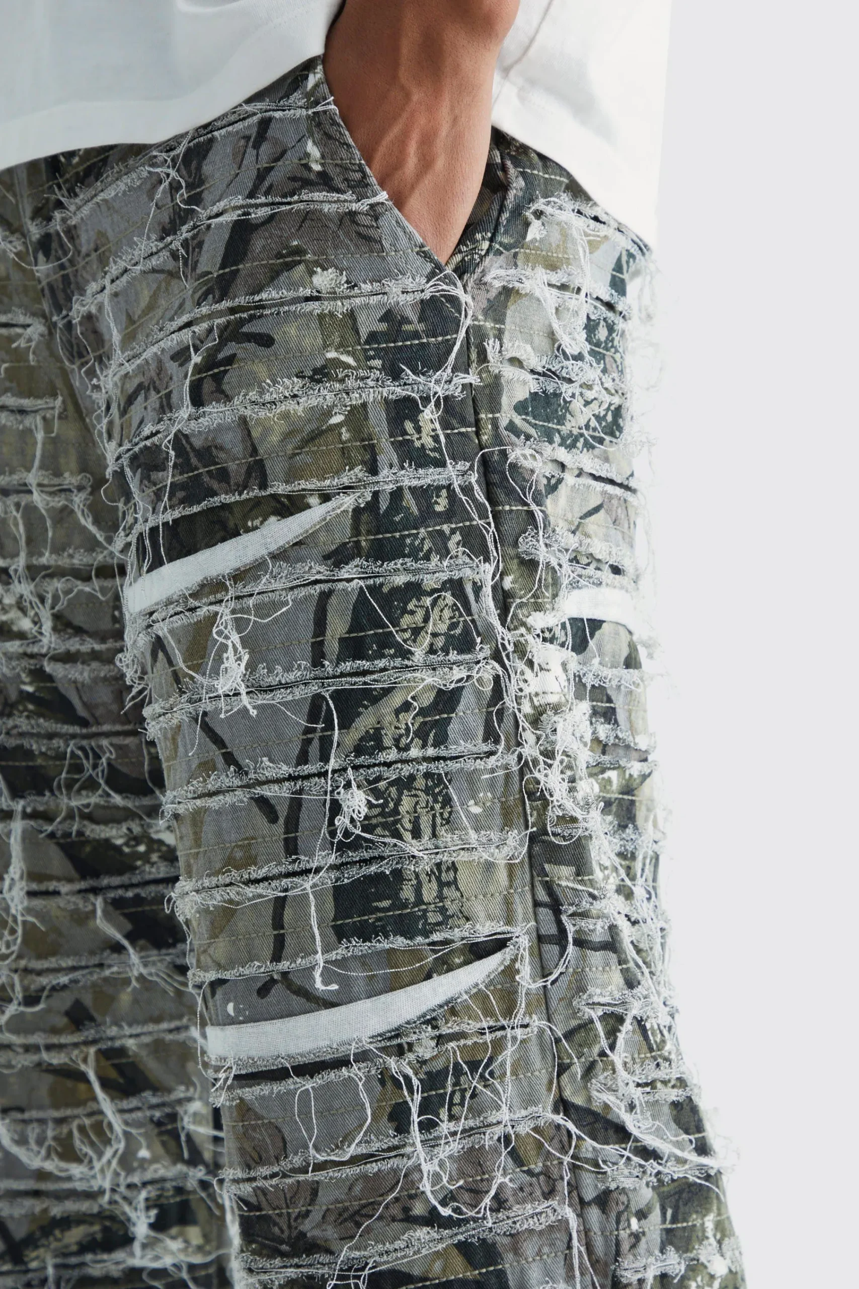 boohooMAN Relaxed Heavily Distressed Camo Trouser | UK| Trousers