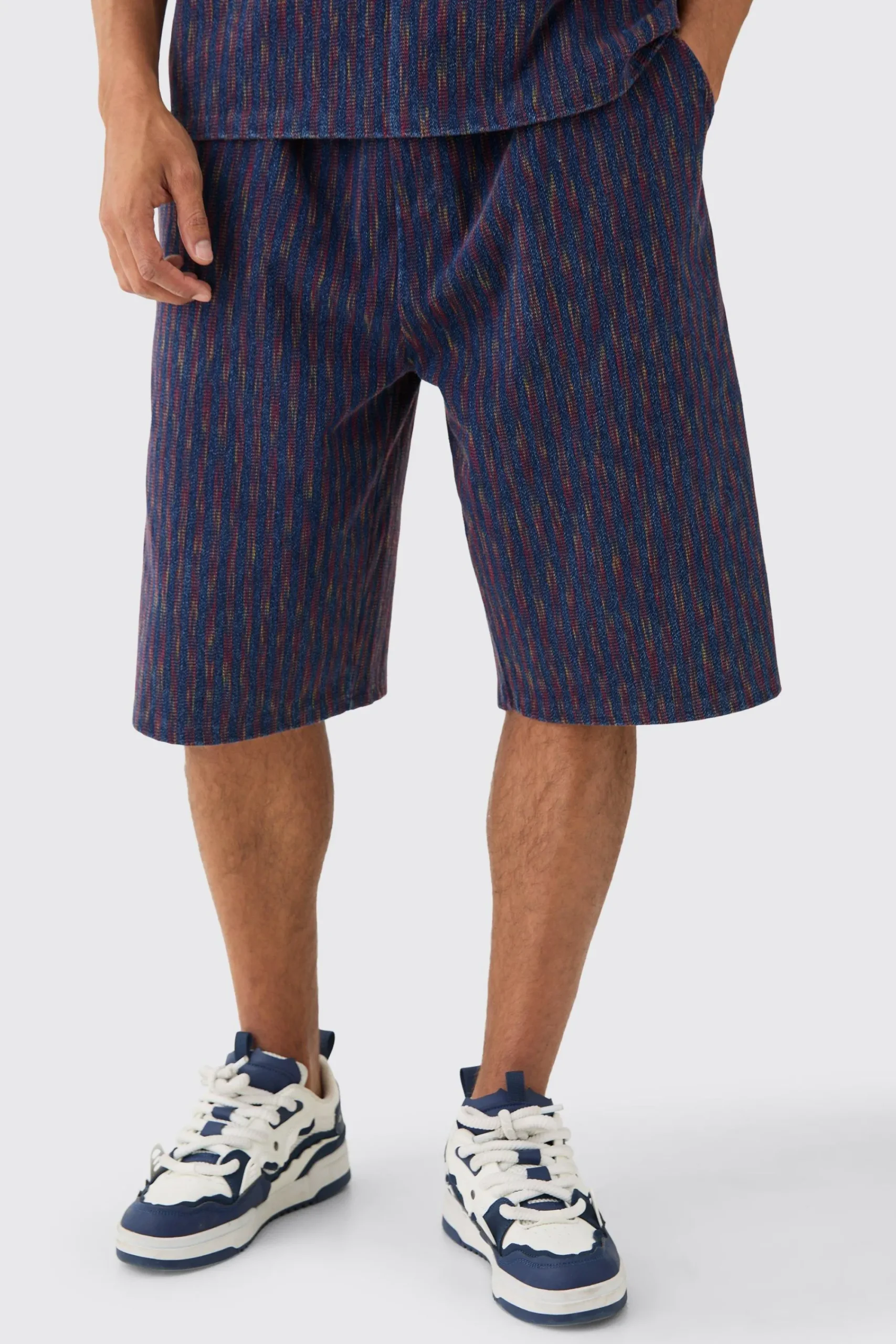boohooMAN Relaxed Indigo Dyed Striped Jort | UK| Shorts