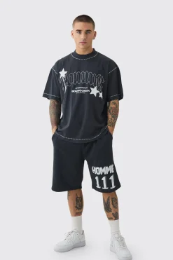 boohooMAN Relaxed Long Length 111 Gusset Rhinestone Shorts | UK| Shorts