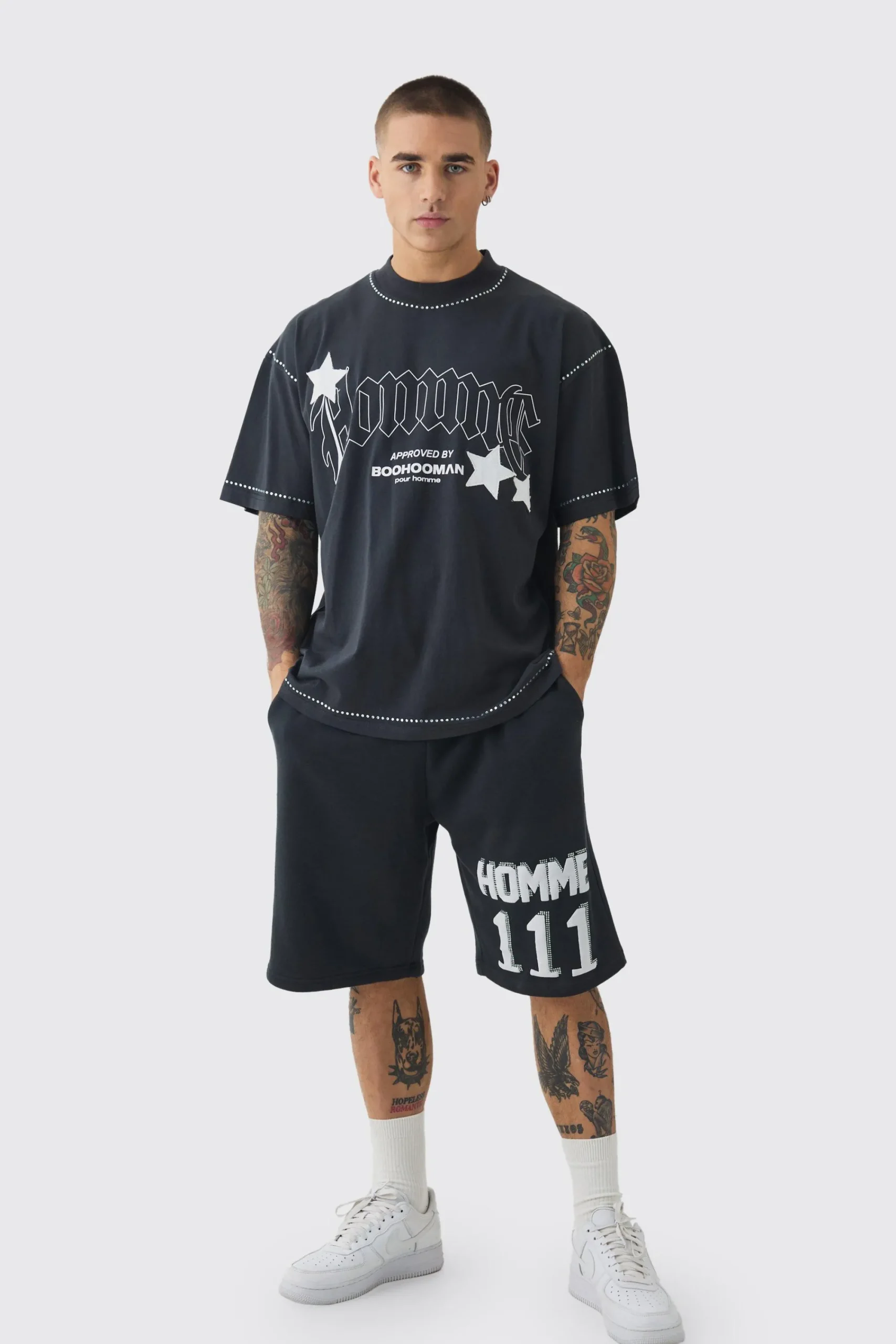 boohooMAN Relaxed Long Length 111 Gusset Rhinestone Shorts | UK| Shorts