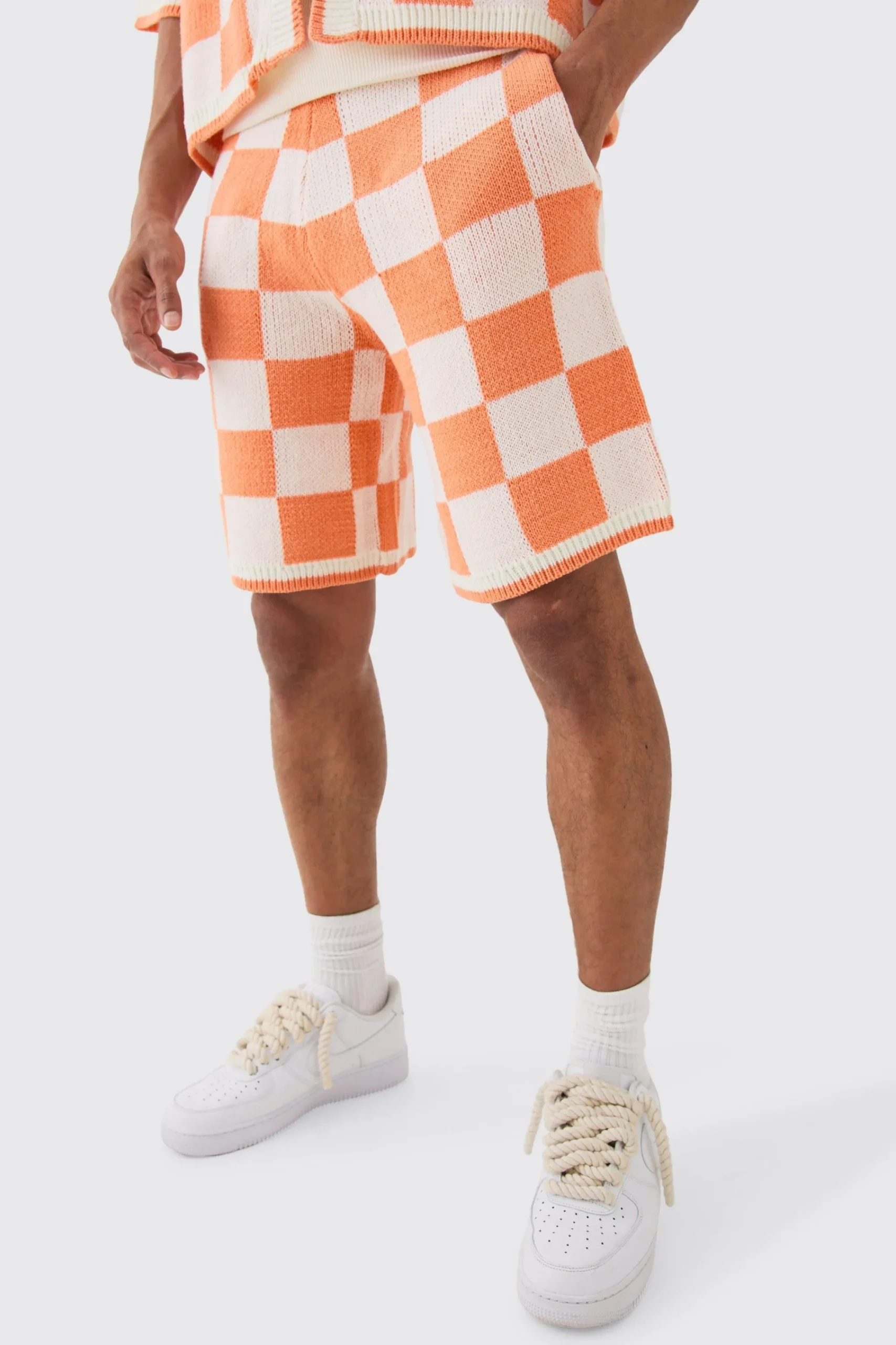boohooMAN Relaxed Mid Length Check Knitted Short | UK| Tracksuits