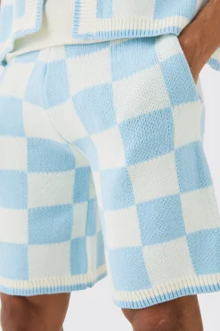 boohooMAN Relaxed Mid Length Check Knitted Short | UK| Tracksuits