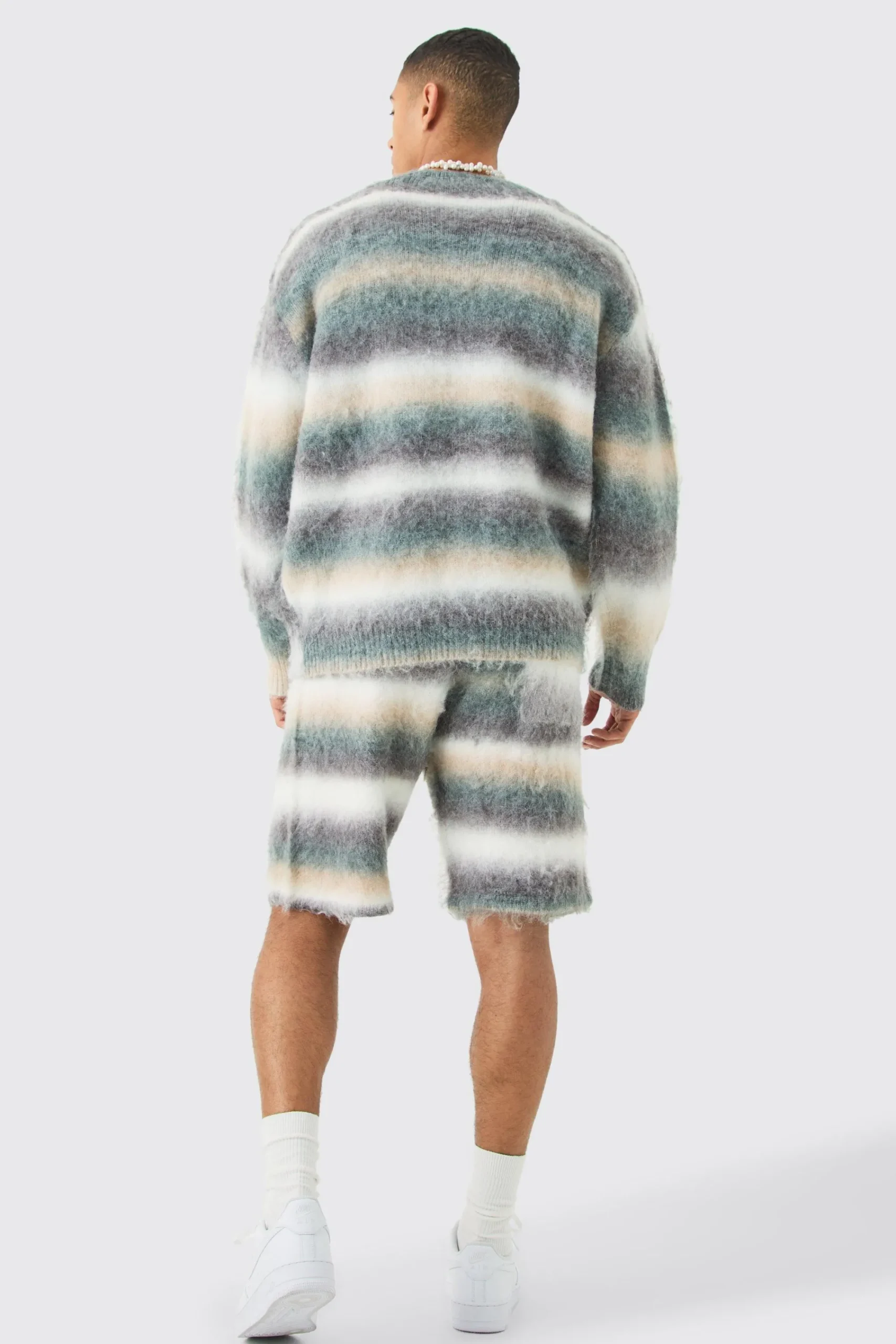 boohooMAN Relaxed Mid Length Knitted Brushed Stripe Short In | UK| Tracksuits