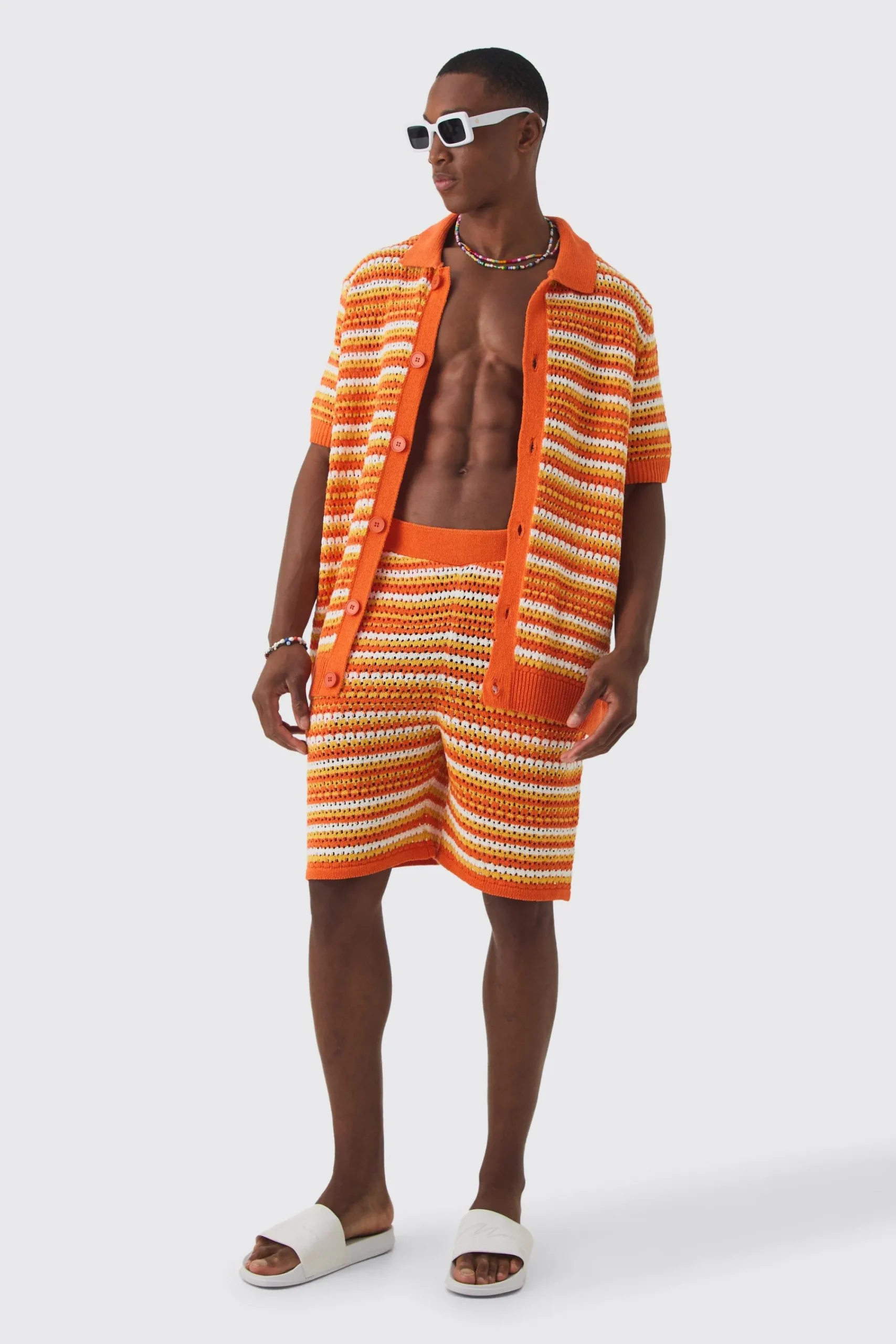 boohooMAN Relaxed Mid Length Open Stitch Stripe Shirt & Short Set | UK| Tracksuits