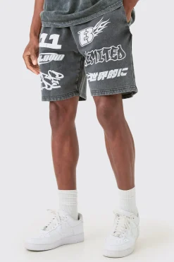 boohooMAN Relaxed Moto Puff Print Washed Shorts | UK| Shorts