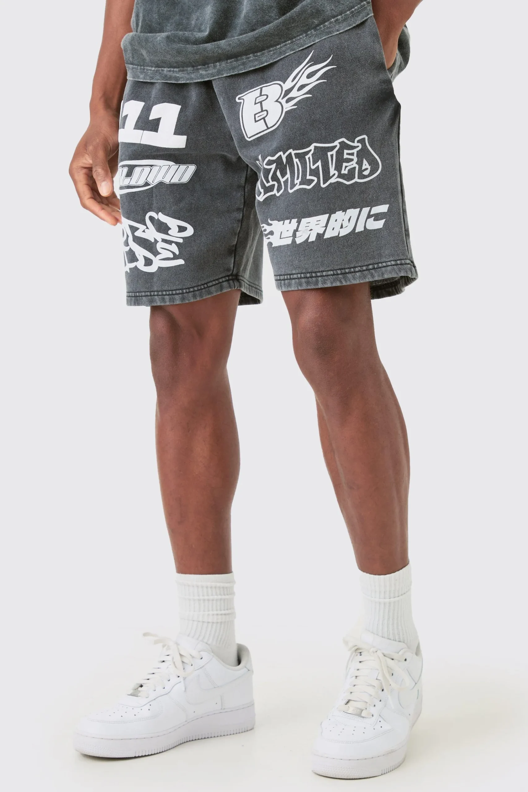 boohooMAN Relaxed Moto Puff Print Washed Shorts | UK| Shorts