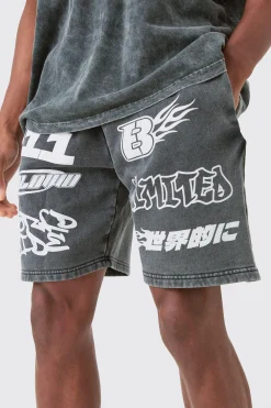 boohooMAN Relaxed Moto Puff Print Washed Shorts | UK| Shorts