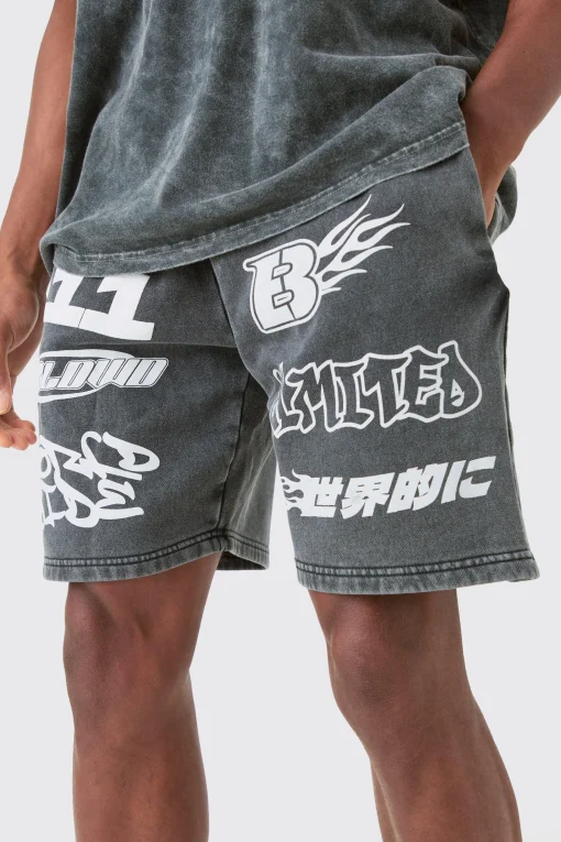 boohooMAN Relaxed Moto Puff Print Washed Shorts | UK| Shorts