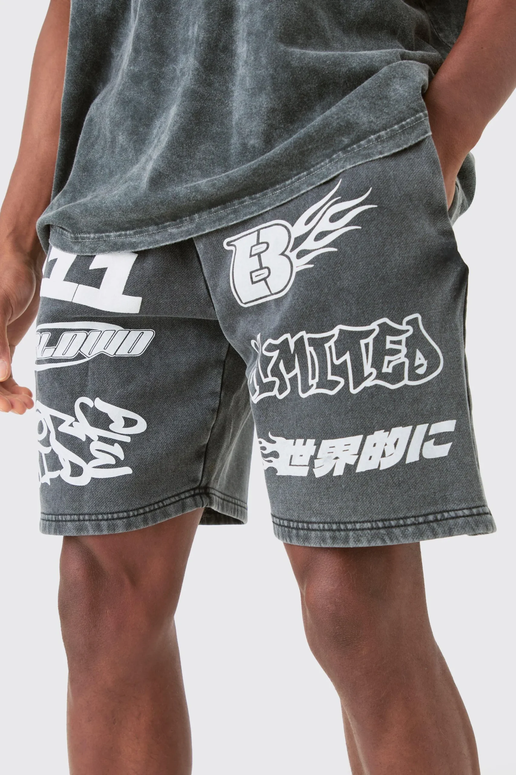boohooMAN Relaxed Moto Puff Print Washed Shorts | UK| Shorts