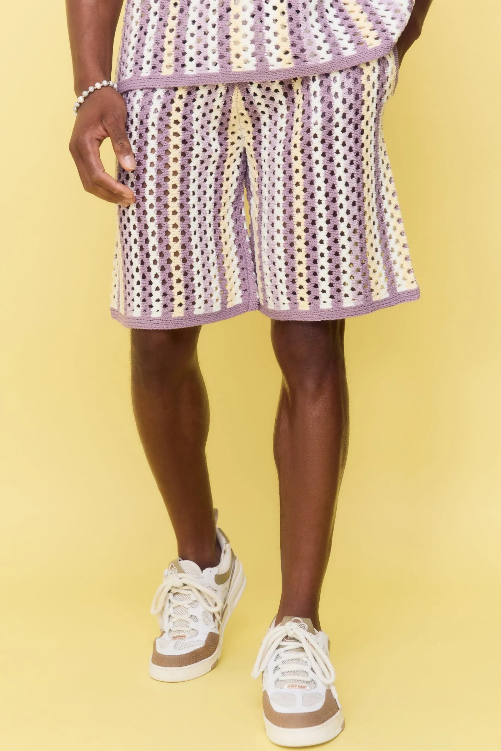 boohooMAN Relaxed Open Stitch Stripe Knitted Shorts | UK| Shorts