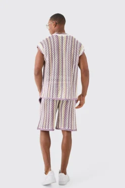 boohooMAN Relaxed Open Stitch Stripe Knitted Shorts | UK| Shorts